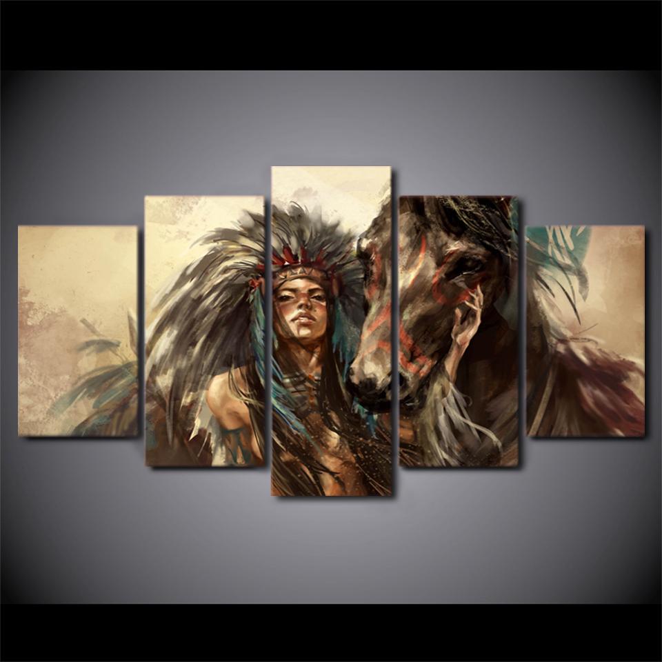American Indian Girl With Horse – Army Canvas Wall Art
