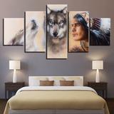 American Indian Native And Wolves – Animal Canvas Wall Art