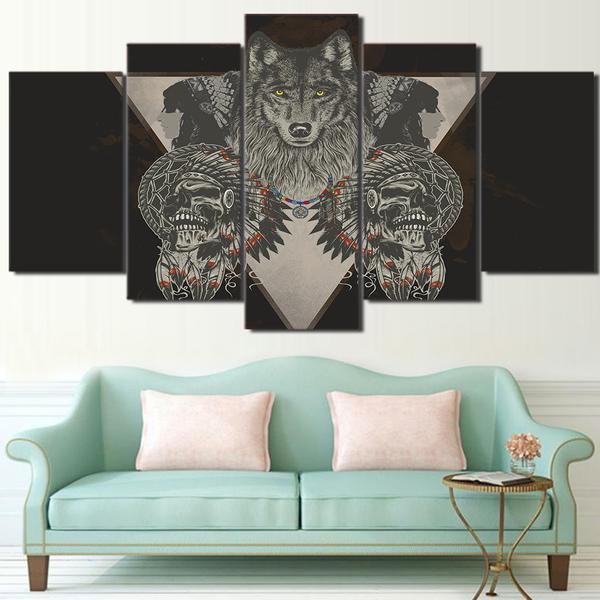 American Indian Skull Gray Framed 01 – Abstract Canvas Wall Art