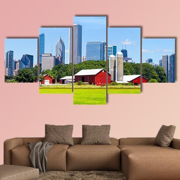 American Red Farm With Chicago Skyline – Nature Canvas Wall Art