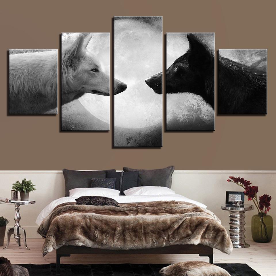 Animal Black White Wolves Moon Night Scene – Animal Canvas Wall Art