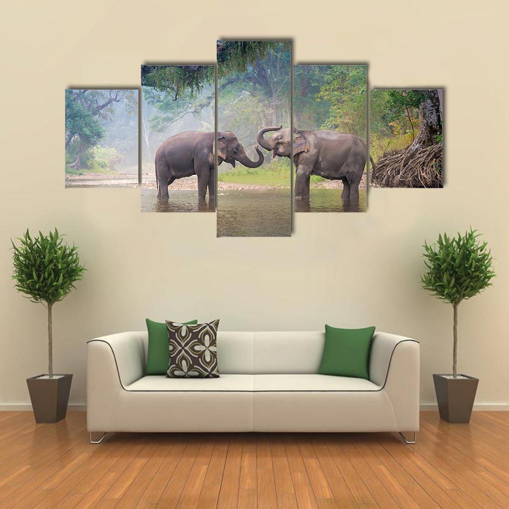 Asian Elephants In A Natural River At Deep Forest – Animal Canvas Wall Art