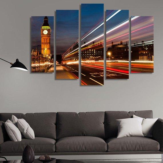 At Night Big Ben With Lights Of Cars – Nature Canvas Wall Art