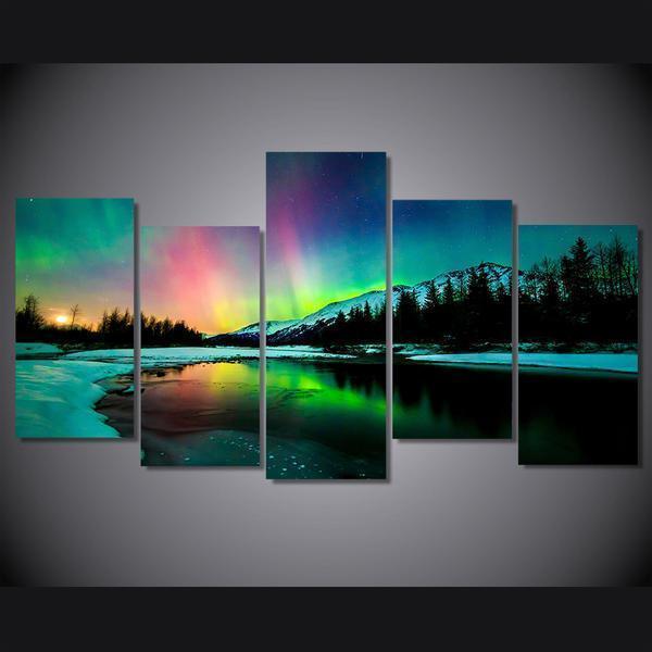 Aurora Northern Lights Reflection Lake Mountain Landscape Nature – Canvas Wall Art