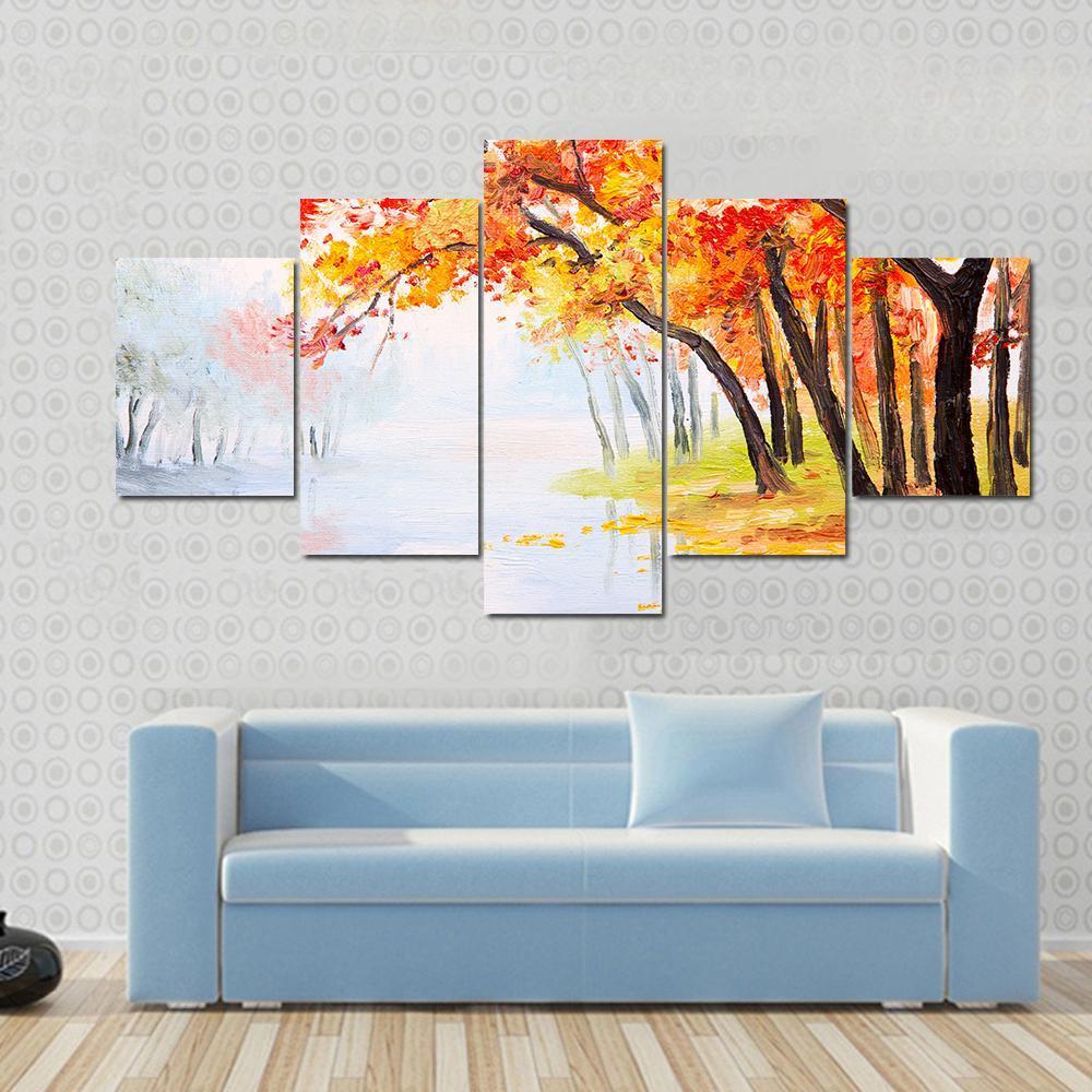 Autumn Forest Near The Lake, Orange Leaves – Nature Canvas Wall Art