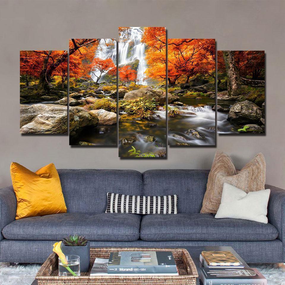 Autumn Forest &Amp; Waterfall – Nature Canvas Wall Art