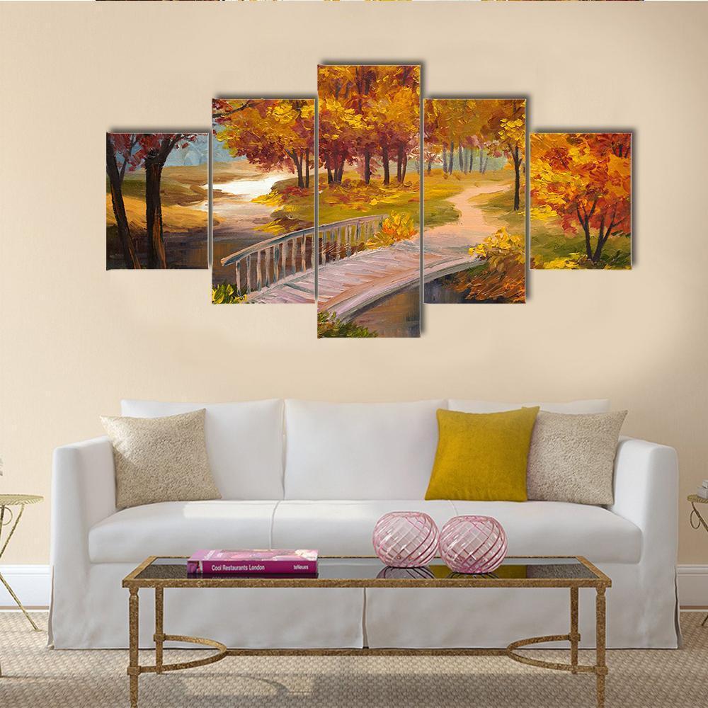 Autumn Forest With A River And Bridge – Abstract Nature Canvas Wall Art
