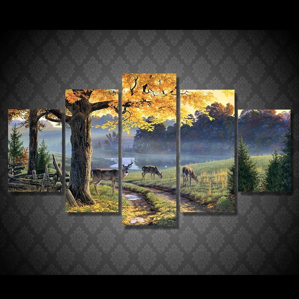 Autumn Lake Animal Deer – Animal Canvas Wall Art