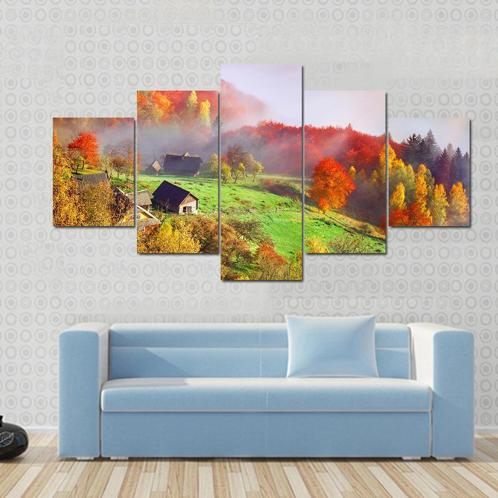 Autumn Landscape In The Mountain Village Sokilsky Ridge, Ukraine, Europe – Nature Canvas Wall Art