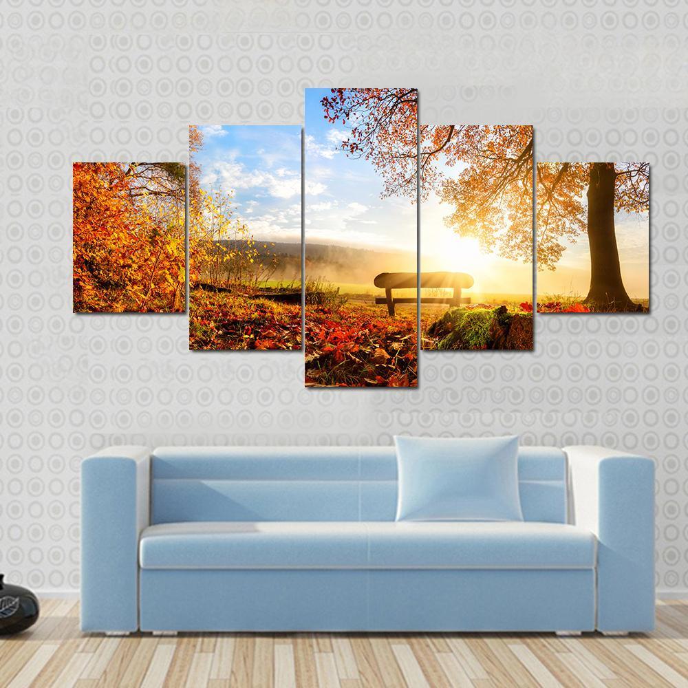 Autumn Landscape With The Sun Warmly Illumining A Bench Under A Tree – Nature Canvas Wall Art