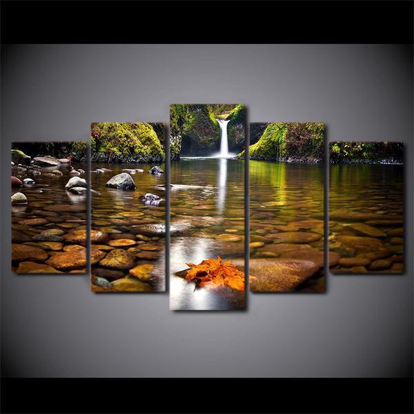 Autumn Waterfall Stones Rocks Reflection Off Water 03 – Nature Canvas Wall Art