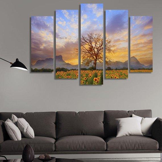 Bare Tree In A Sunflower Field – Nature Canvas Wall Art