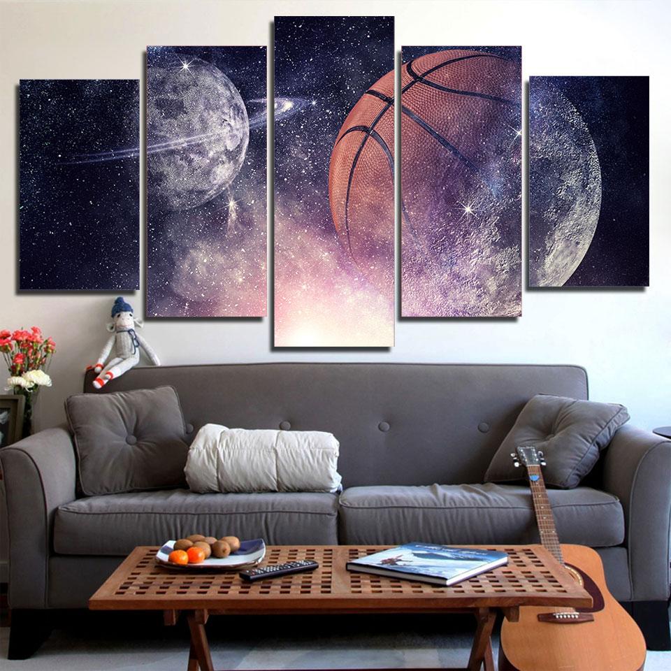 Basketball And Planets Starry Sky Night – Abstract Canvas Wall Art