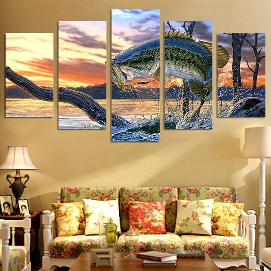 Bass Jumping At Sunrise – Fishing Canvas Wall Art