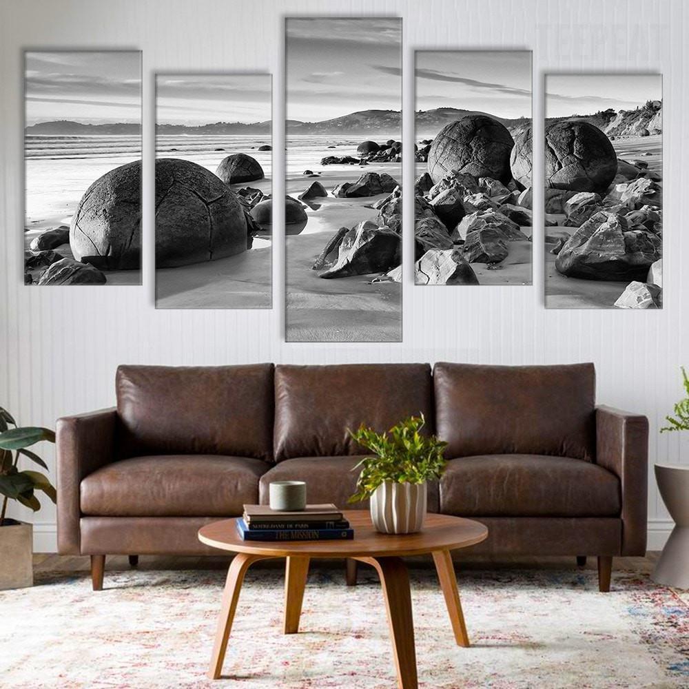 Beach Boulders Black And White – Nature Canvas Wall Art