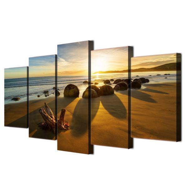Beach On The Ocean With Rocks At Sunset – Nature Canvas Wall Art