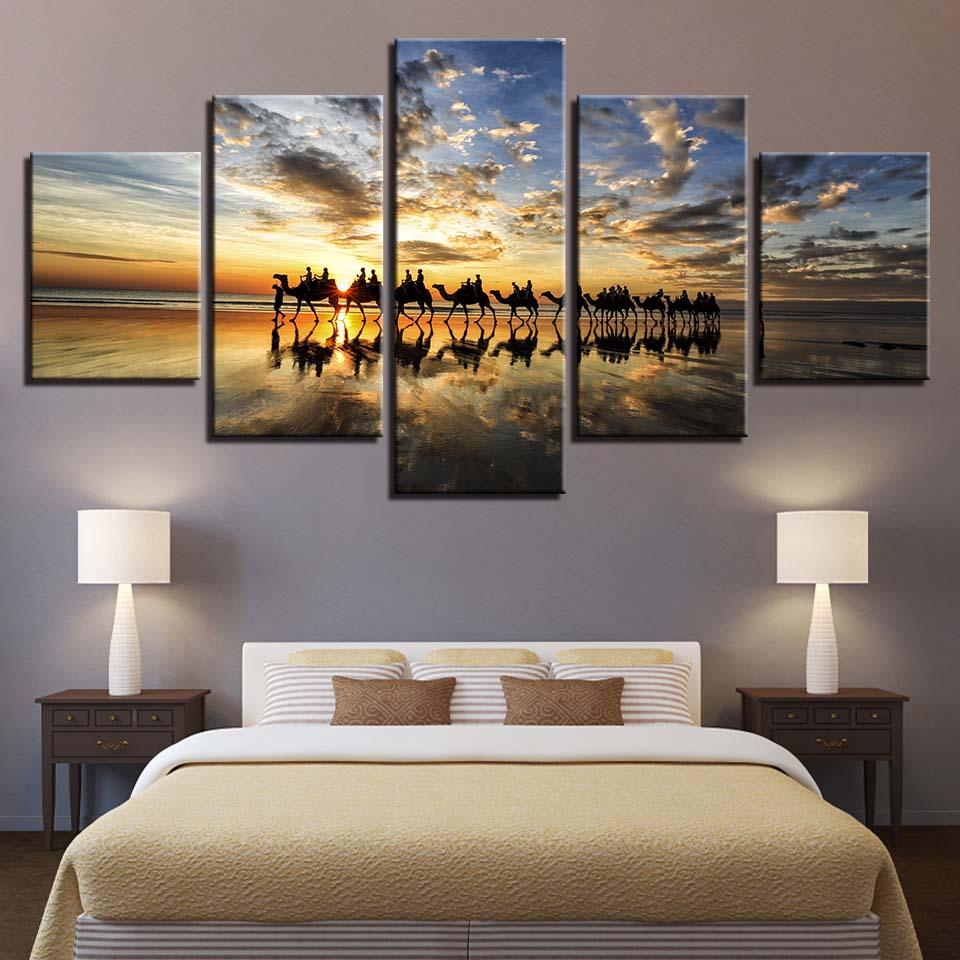 Beach Sunset Seaside Camels Team – Nature Canvas Wall Art