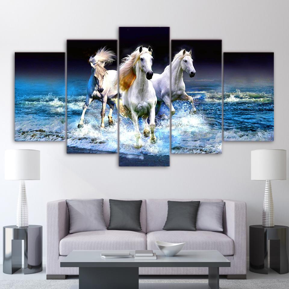 Beach Waves White Horses Racing – Animal Canvas Wall Art