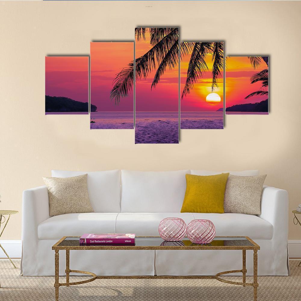 Beach With Coconut Tree During Sunrise Nature Canvas Wall Art