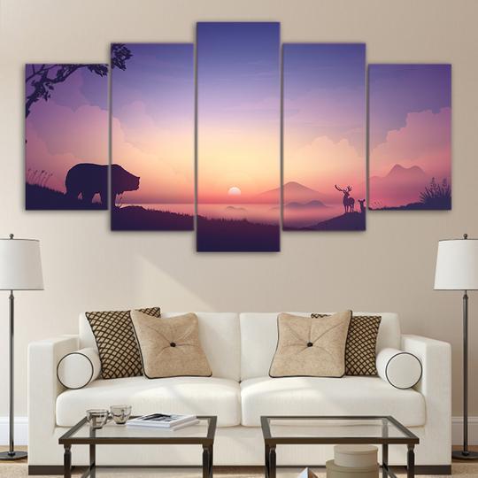 Bear And Deer Watch The Sunrise – Nature Canvas Wall Art