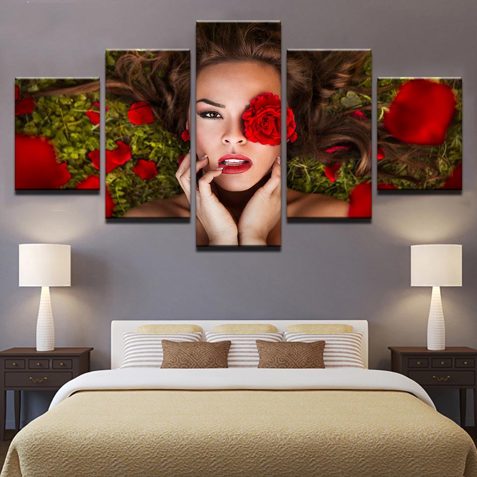 Beautiful Amazing Woman With Red Roses Flowers – Abstract Canvas Wall Art