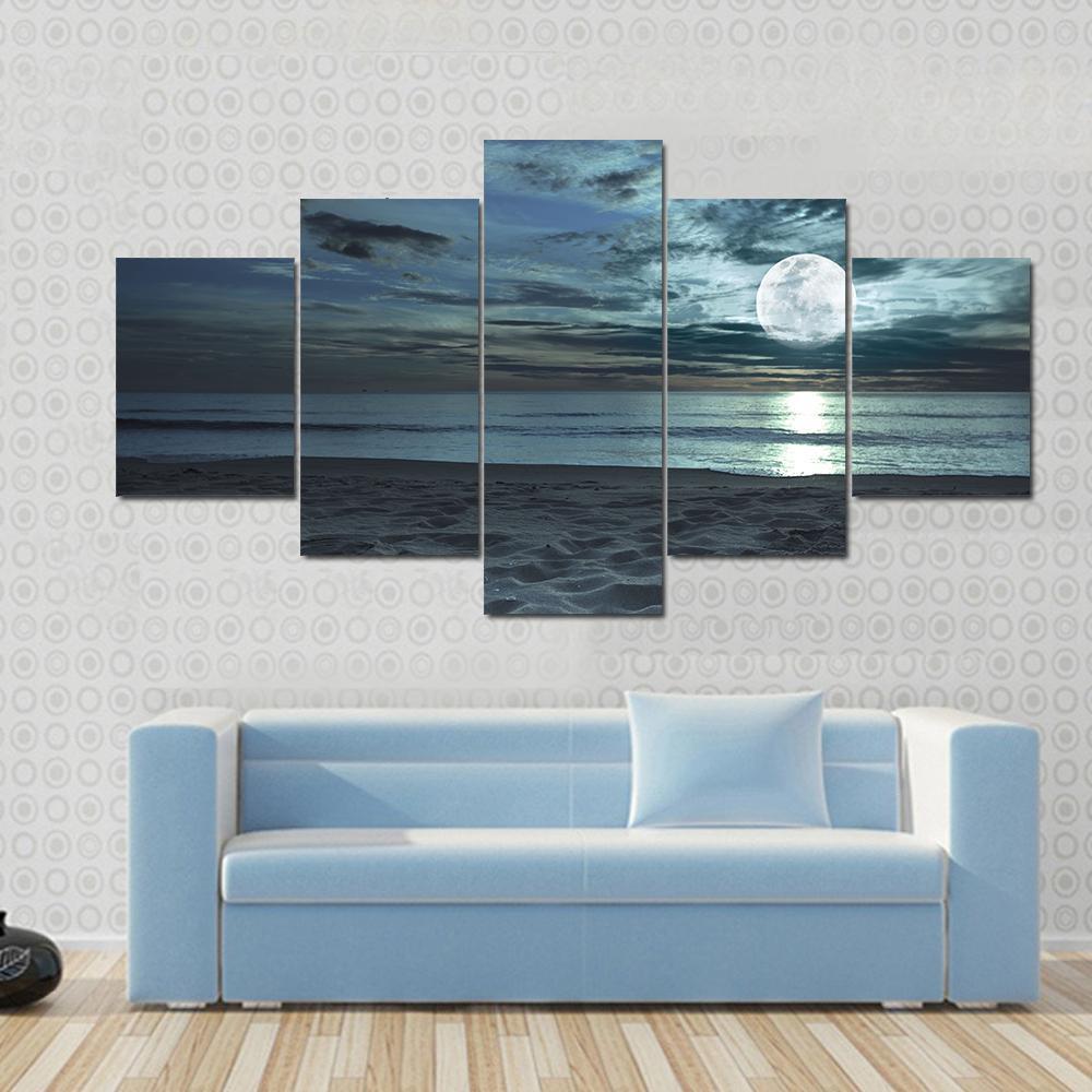 Beautiful Beach At Twilight Time With Moon In The Sky – Nature Canvas Wall Art