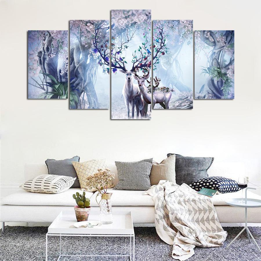 Beautiful Flower Deer Family Fantastic – Abstract Animal Canvas Wall Art