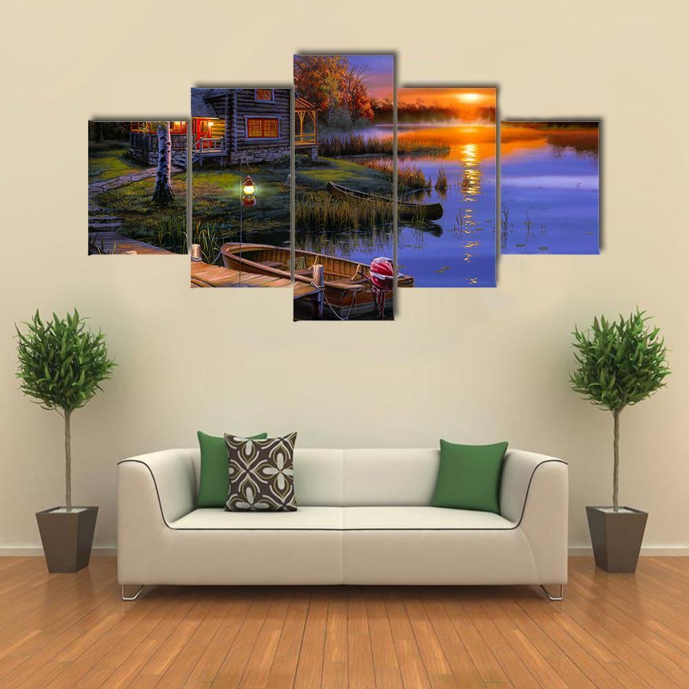Beautiful House With Boat Near Lake At Sunset – Abstract Canvas Wall Art
