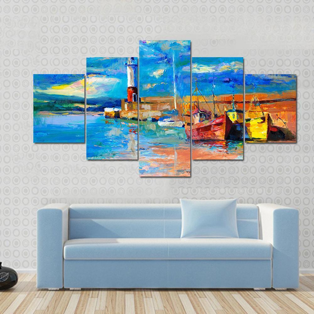 Beautiful Lighthouse And Boats On – Nature Canvas Wall Art