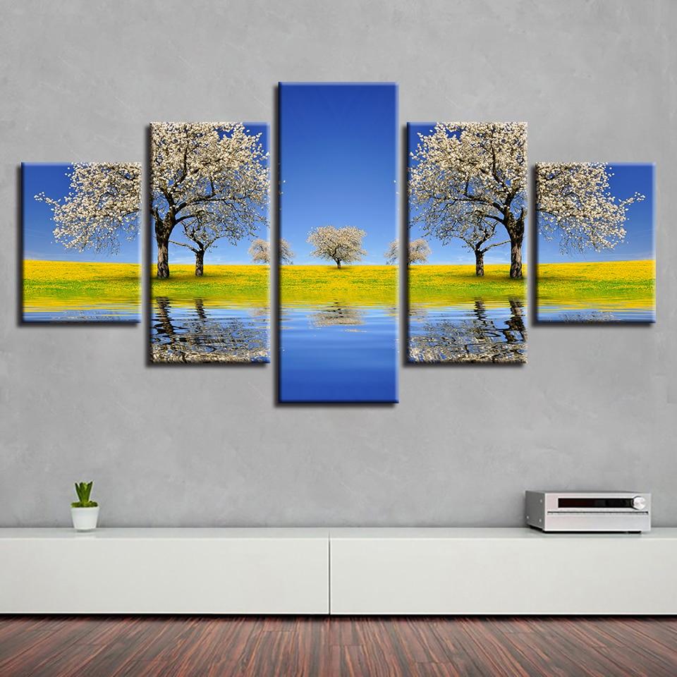 Beautiful Pear Flower Tree River – Nature Canvas Wall Art