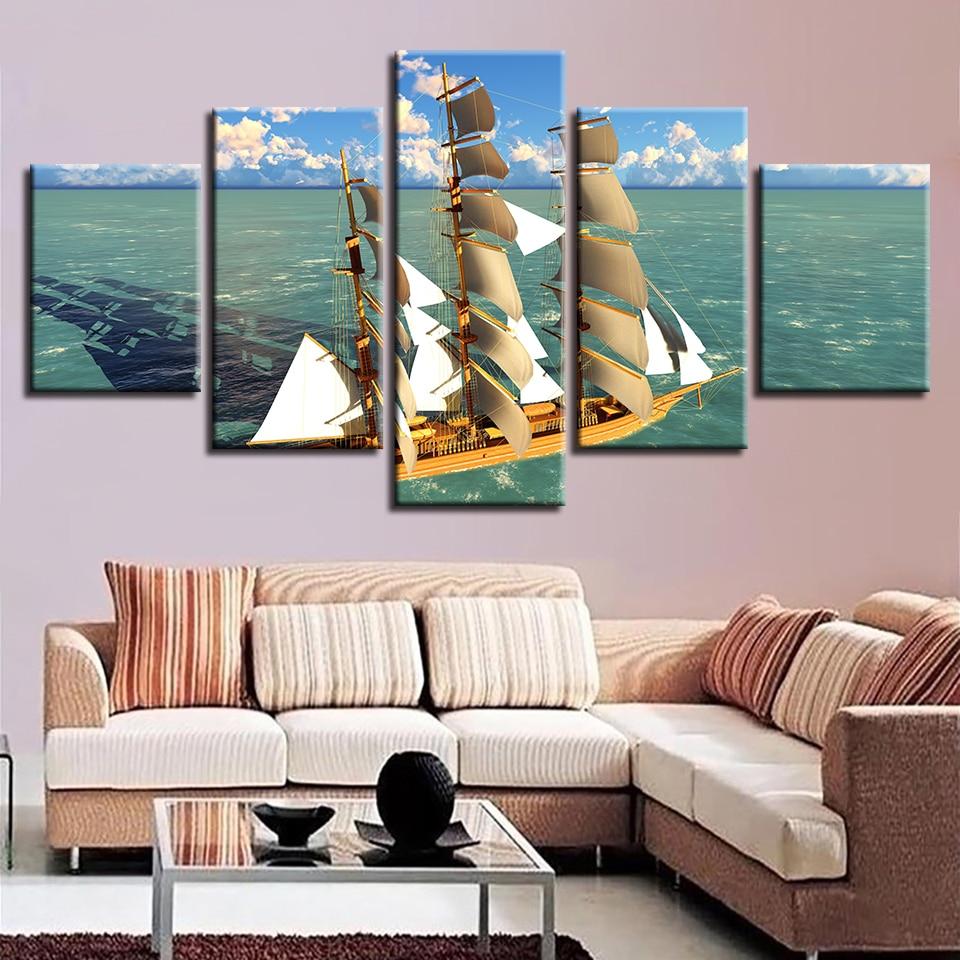 Beautiful Sea Water Ship And Blue Sky White Cloud – Space Canvas Wall Art