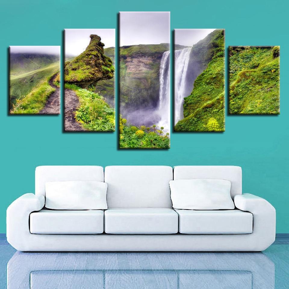 Beautiful Waterfall Green Mountain Path – Nature Canvas Wall Art
