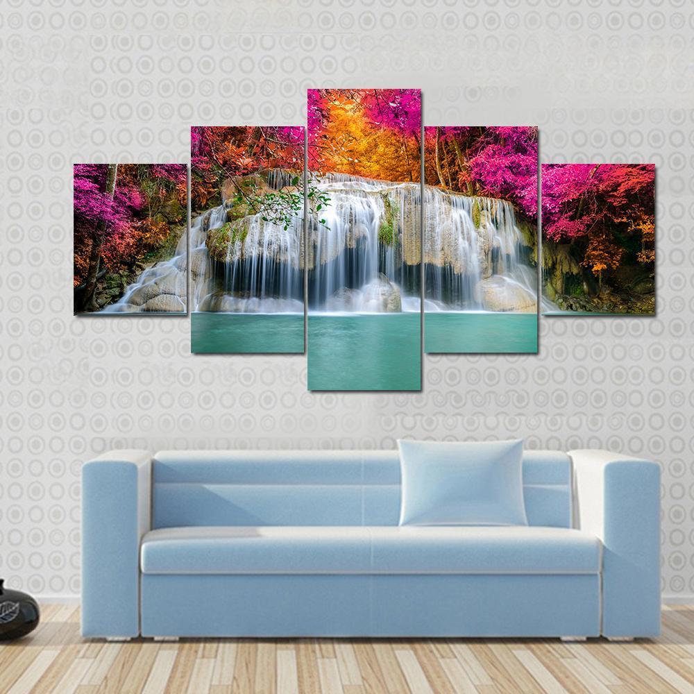 Beautiful Waterfall With Pink Trees – Nature Canvas Wall Art