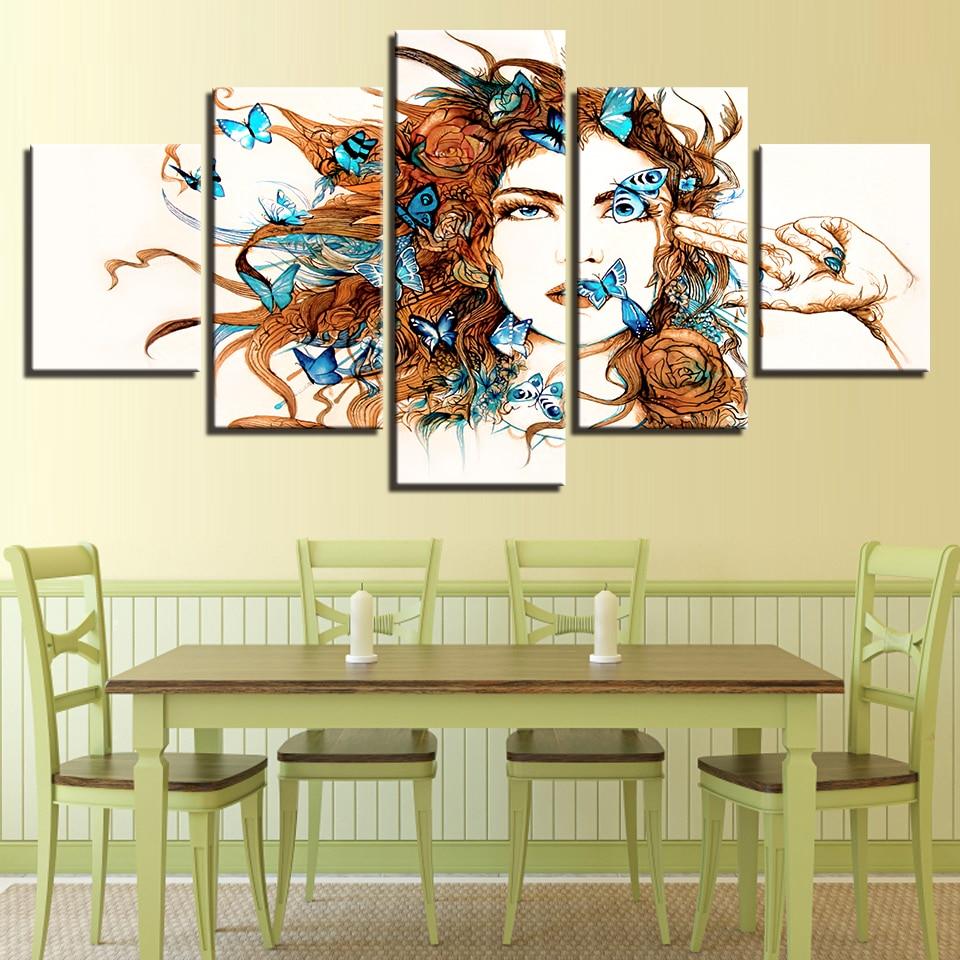 Beautiful Woman And Blue Butterfly – Abstract Canvas Wall Art
