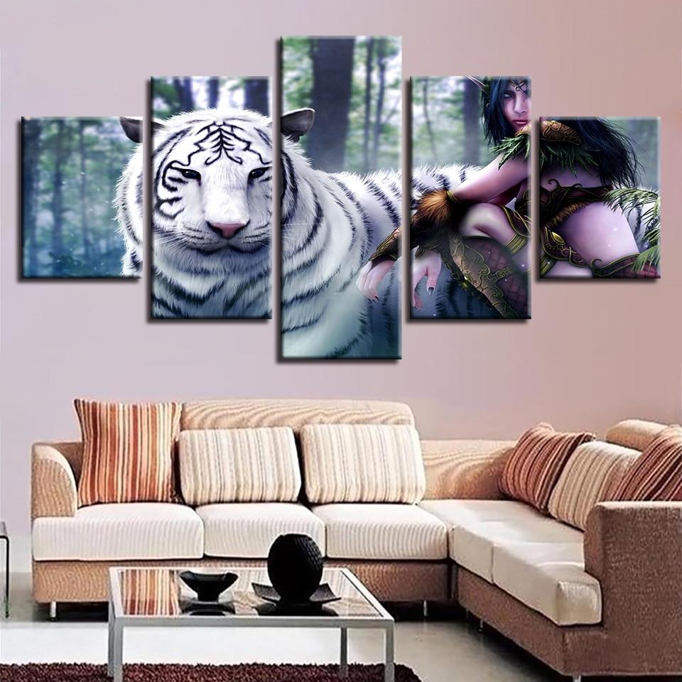 Beauty Girl And White Tiger – Animal Canvas Wall Art