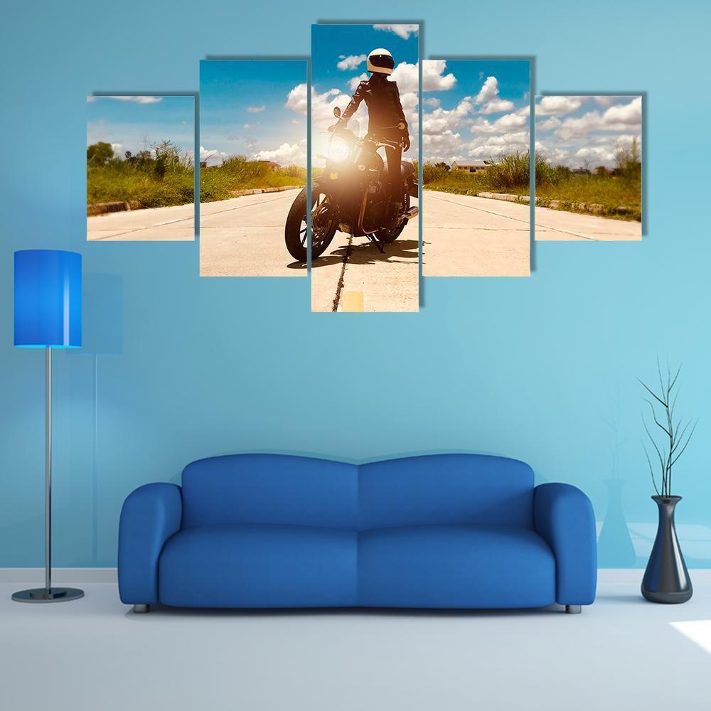 Biker Girl Stand Up On Modern Classic Motorcycle – Sport Canvas Wall Art