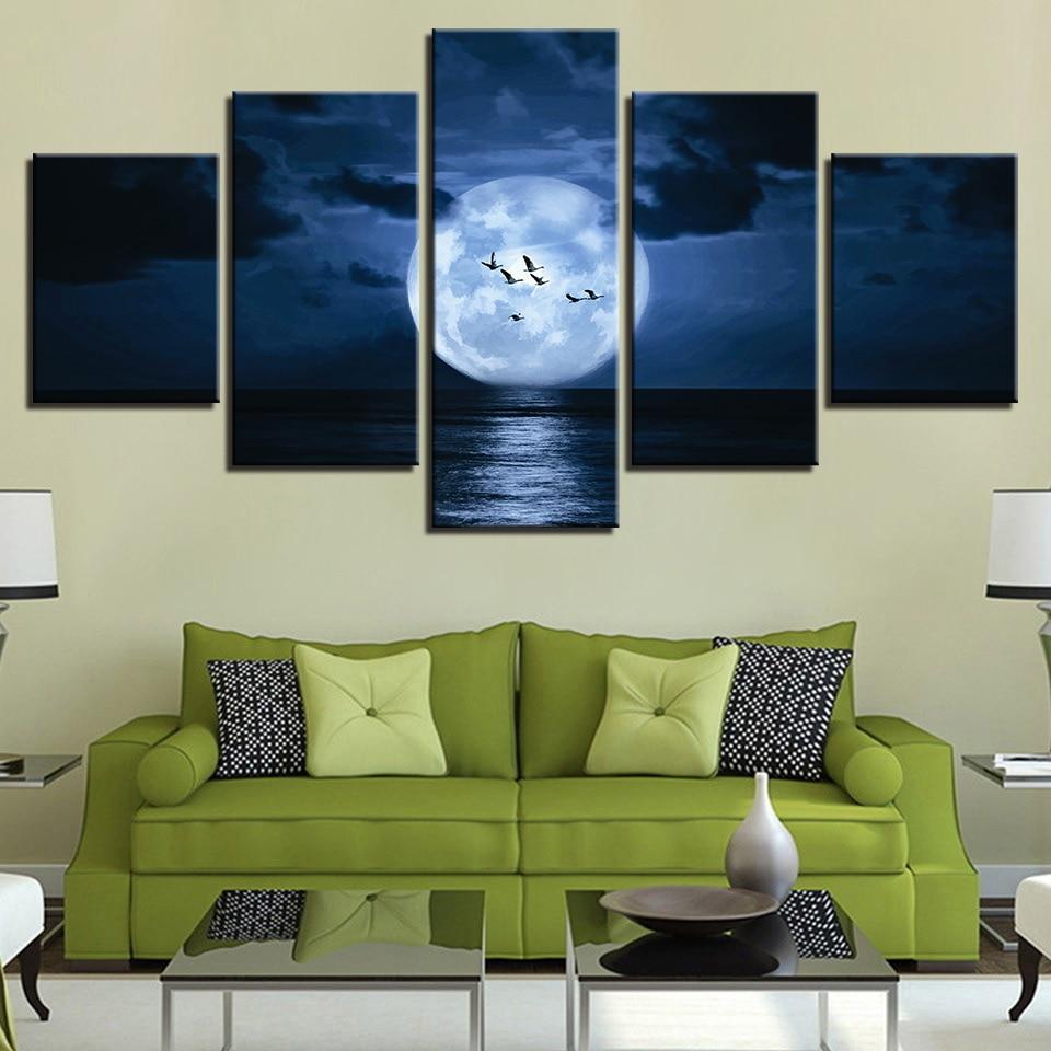 Bird And Moon Reflected On The Lake – Nature Canvas Wall Art
