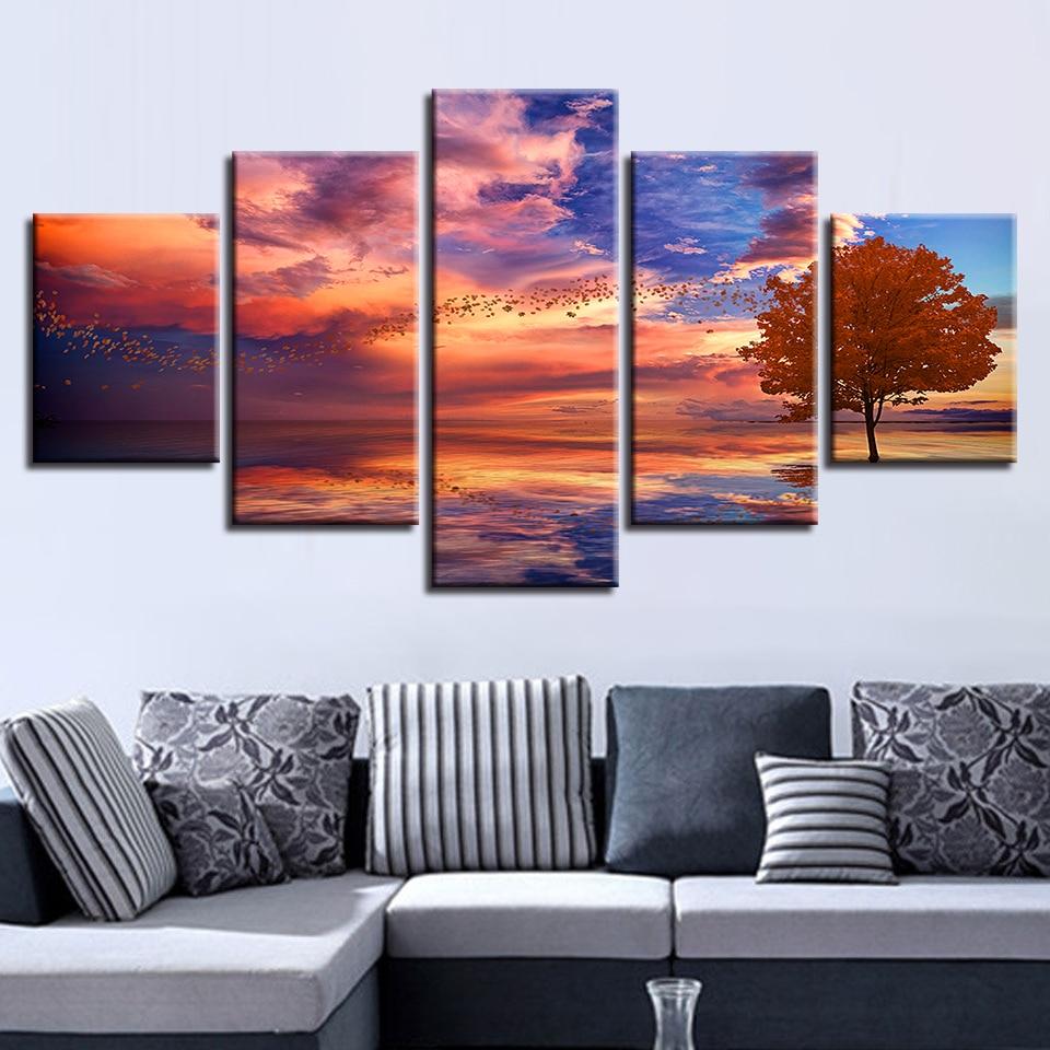 Bird Flocks Red Tree – Nature Canvas Wall Art