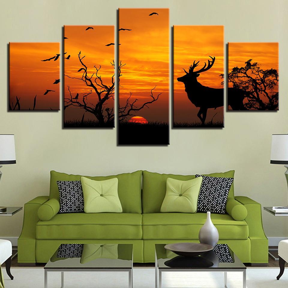 Birds Tree Forest Animal Deer Sunset Silhouette – Animal Canvas Wall Art