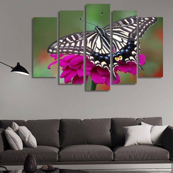 Black And White Butterfly Perched On A Purple Flower – Animal Canvas Wall Art