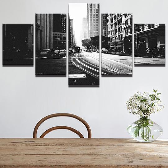 Black And White City Streetscape Streetcar – Nature Canvas Wall Art