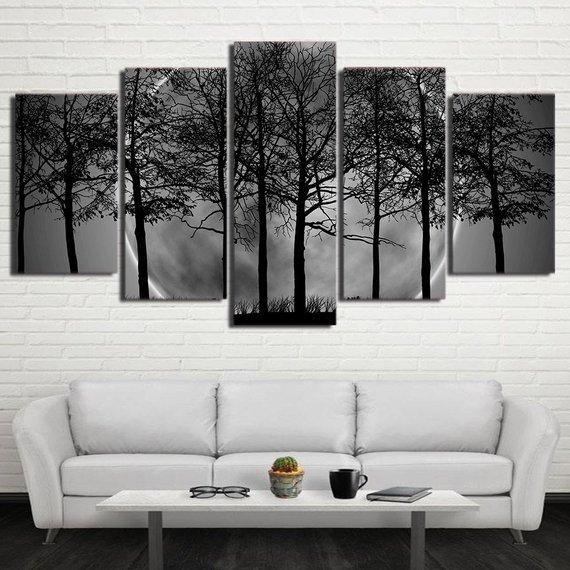 Black And White Moon Forest Trees – Nature Canvas Wall Art