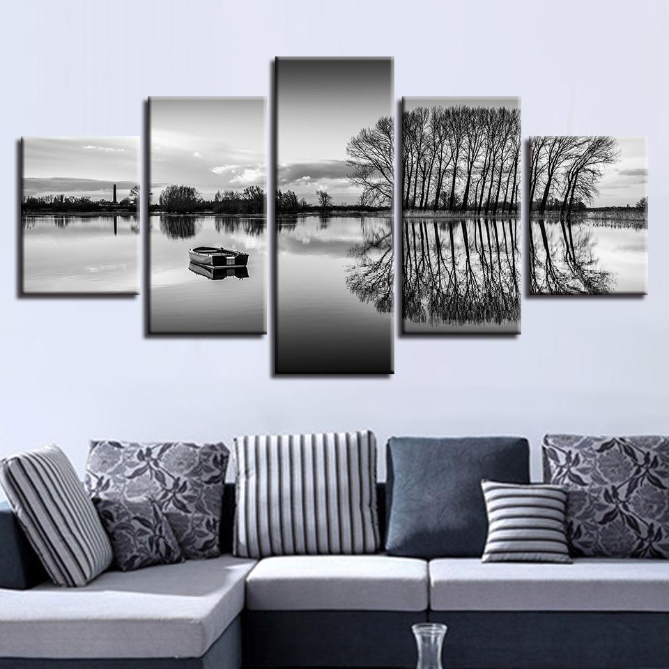 Black And White Pictures Ship Lake Tree – Nature Canvas Wall Art
