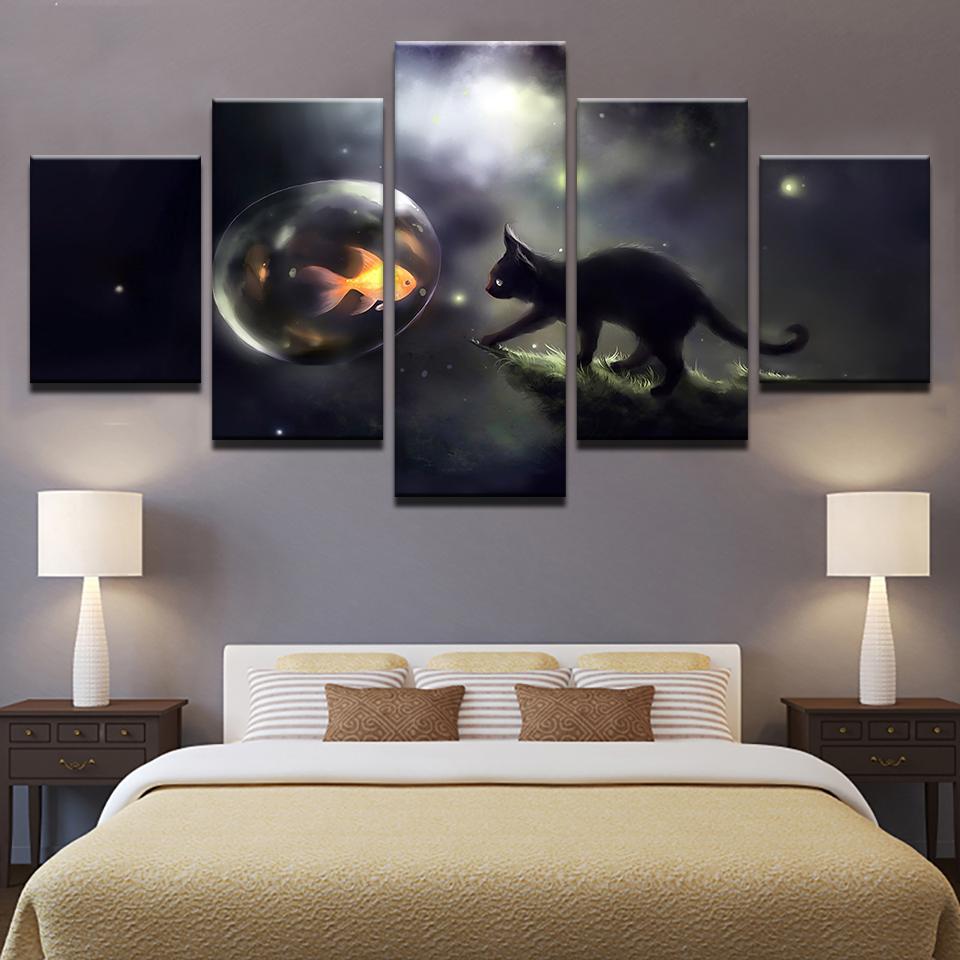 Black Cat Bubbles Goldfish – Animal Canvas Wall Art