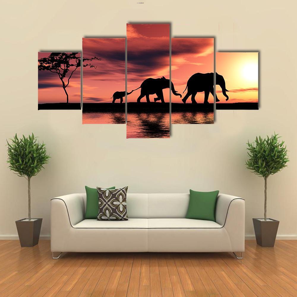 Black Elephant Silhouettes By A River – Animal Canvas Wall Art