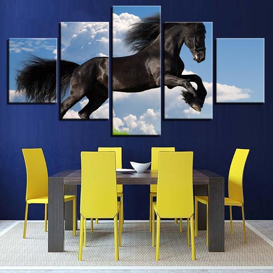 Black Horse Running Against Blue Sky Background – Animal Canvas Wall Art