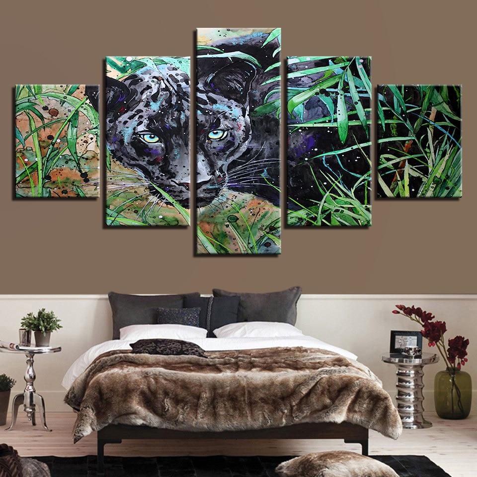 Black Leopard And Green Leaf – Animal Canvas Wall Art