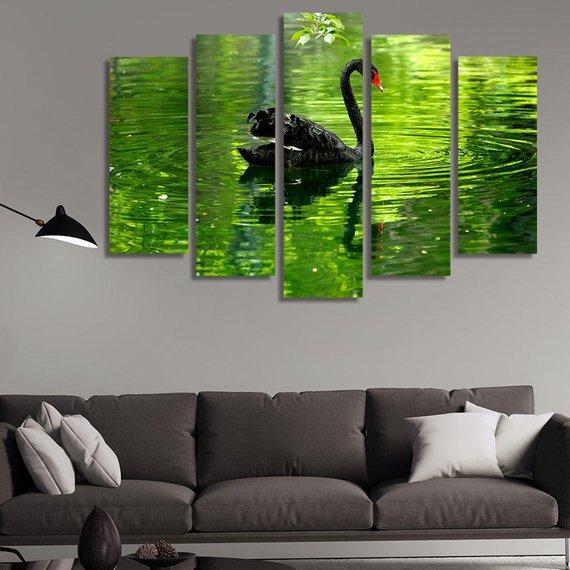 Black Swan In A Green Lake 01 – Animal Canvas Wall Art