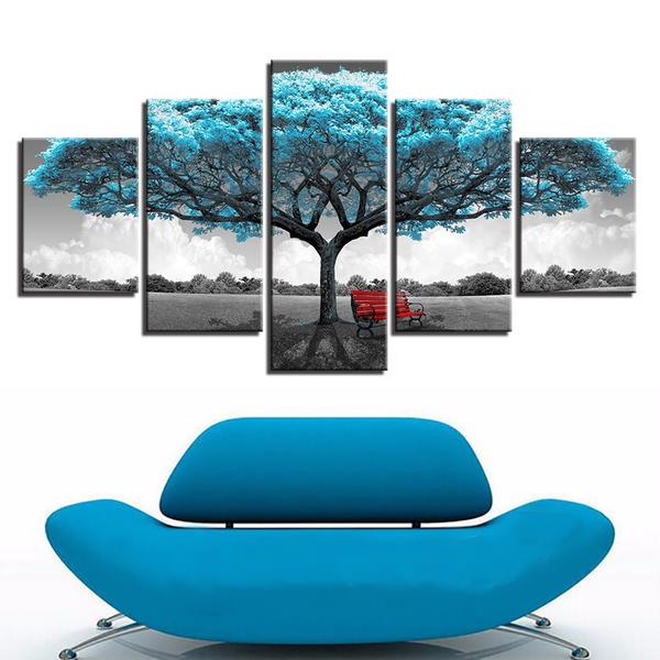 Blue Big Teal Blue Tree Red Chair – Nature Canvas Wall Art