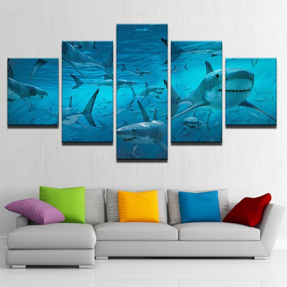 Blue Deep Sea Shark Swarm – Animal Canvas Wall Art